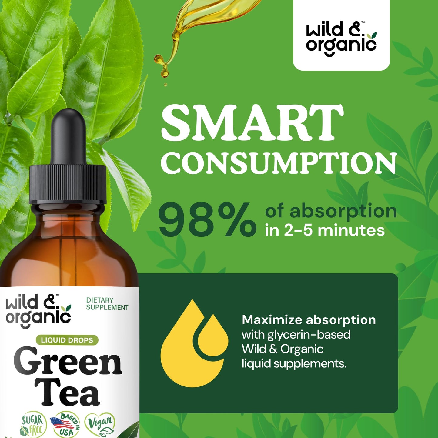 Wild & Organic Green Tea Extract Liquid Drops - Antioxidant Support - Pure Green Tea Supplement - 84-Day Supply - Vegan, Sugar & Alcohol-Free Camellia Sinensis Tincture - 4 fl oz