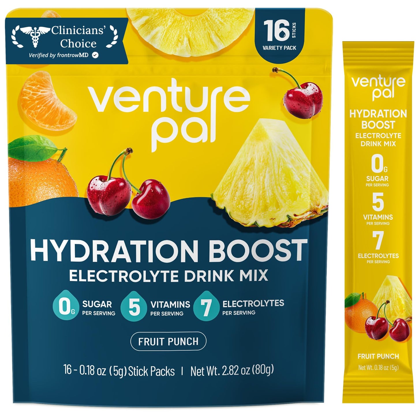 Venture Pal Sugar Free Electrolyte Powder Packets, Keto Friendly, 16 Sticks | Liquid Daily IV Hydration Packets for Rapid Rehydration. 7 Electrolytes & 5 Vitamins | Non-GMO | Vegan | Fast Dissolve