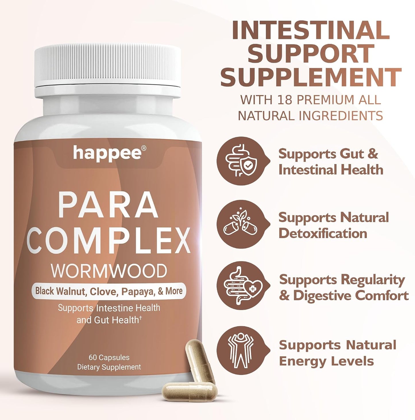 Happee ParaComplex Intestinal Guard for Humans - para Purge Herbal Cleanse for Gut Health & Digestive Balance - with Wormwood, Black Walnut, Garlic & More - 60 Capsules
