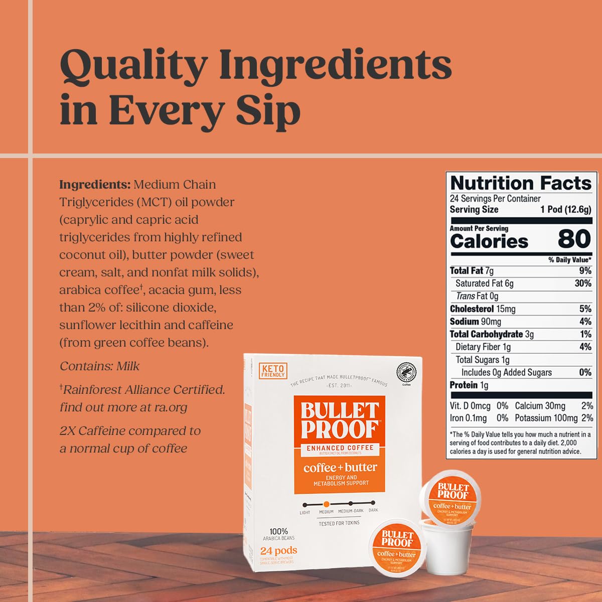 Bulletproof Coffee + Organic Grass-Fed Butter Single-Serve Pods, Keto Coffee, All-in-One Recipe with MCT Oil and Butter, 24 Count