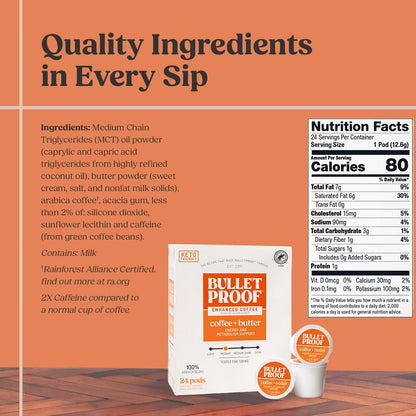 Bulletproof Coffee + Organic Grass-Fed Butter Single-Serve Pods, Keto Coffee, All-in-One Recipe with MCT Oil and Butter, 24 Count