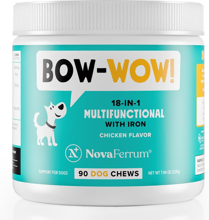 NovaFerrum Bow Wow | 18-in-1 Multifunctional with Iron Supplement for Dogs | Blood Support for Anemia | Glucosamine | Probiotics | Antioxidants | Chicken Flavor | 90 Chews