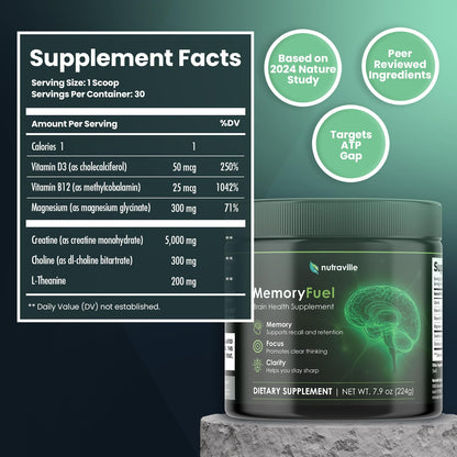 Memory Fuel Creatine Monohydrate Powder for Brain Energy & Focus | 5,000mg Micronized Creatine with L-Theanine, Choline & Magnesium, Cognitive Support for Adults, No Crash, 1 Scoop Daily