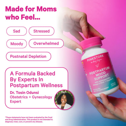Pink Stork Postpartum Mood Support, 30-Day Supply | Postnatal Supplement for Women, Breastfeeding Friendly, Ashwagandha, Saffron, DHA, Methylated B12, Stress & Cognitive Support