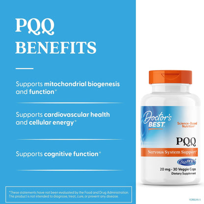 Doctor's Best PQQ with BioPQQ Supplement 20 mg - Brain Health Support for Men & Women, Pyrroloquinoline Quinone Capsules, Daily Mitochondrial Function & Energy Support, Gluten Free, Vegan- 30 Veg Caps