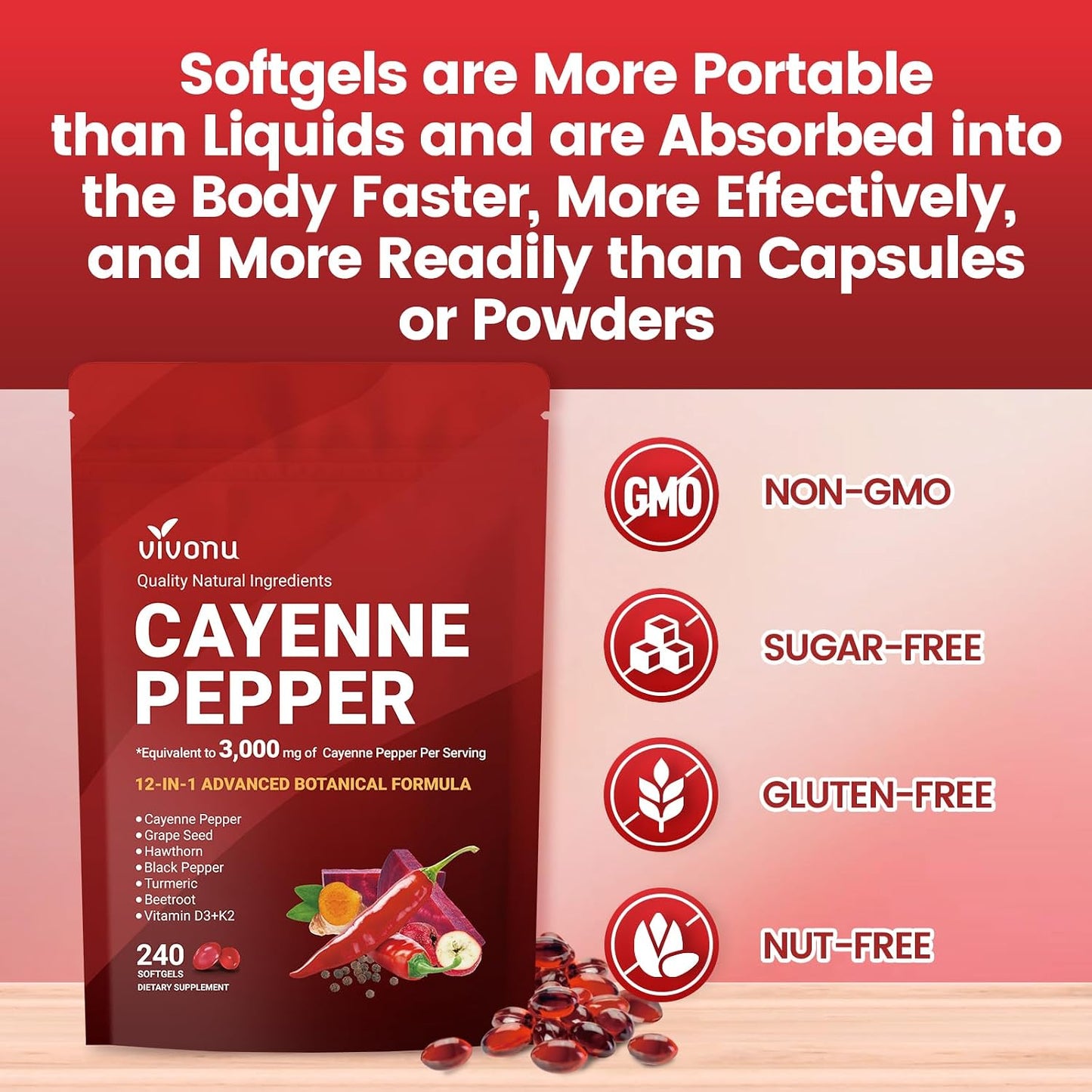 VivoNu Cayenne Pepper Softgels Supplement with Vitamin E D3+K2 and Extracts of Grape Seed, Hawthorn, Beetroot, Berberine and Others, Supports Leg Vein, Heart and Blood Vessel Health