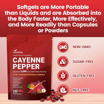 Cayenne Pepper Softgels Supplement, Supports Leg Vein, Heart and Blood Vessel Health, with Vitamin E D3+K2 and Extracts of Grape Seed, Hawthorn, Beetroot, Berberine and Others (Softgels / 2 Bag)