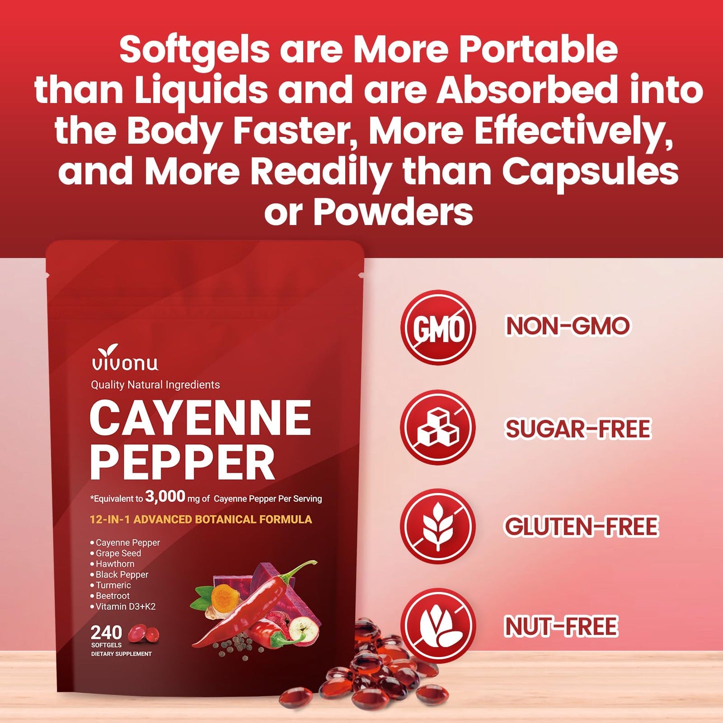 VivoNu Cayenne Pepper Softgels Supplement, Supports Leg Vein, Heart and Blood Vessel Health, with Vitamin E D3+K2 and Extracts of Grape Seed, Hawthorn, Beetroot, Berberine (Softgel / 1 Bag)