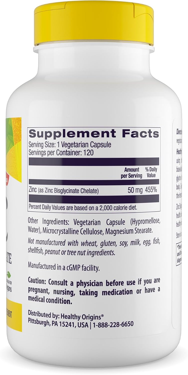 Healthy Origins Zinc Bisglycinate Chelate 50 mg, 120 Veggie Caps