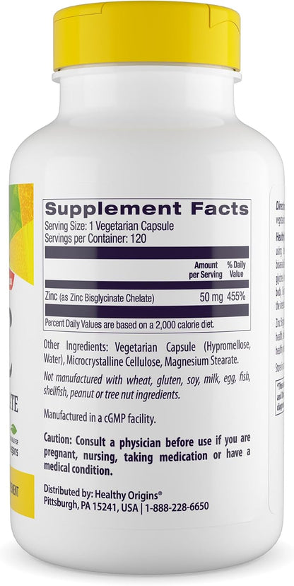 Healthy Origins Zinc Bisglycinate Chelate 50 mg, 120 Veggie Caps