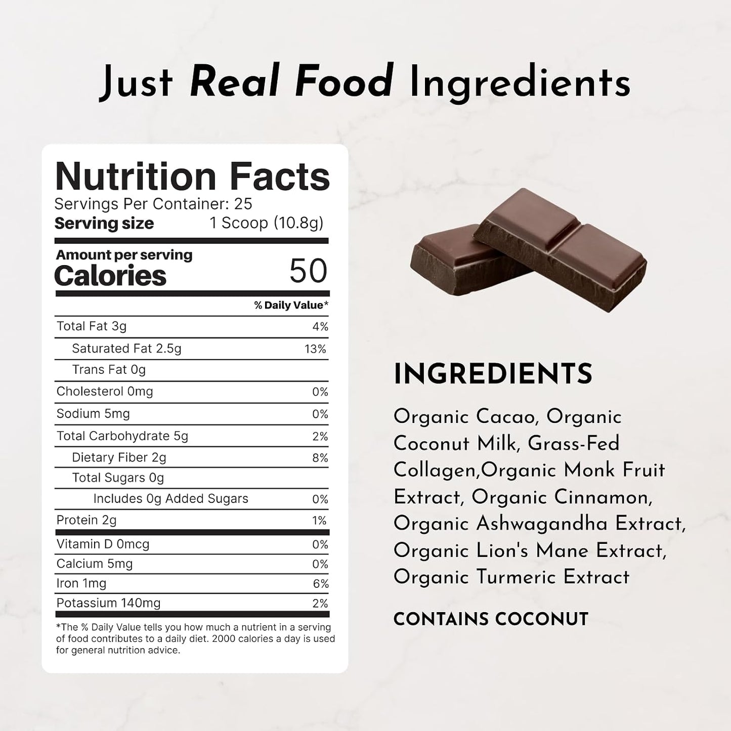 JUST INGREDIENTS Superfood Hot Chocolate Powder - Collagen, Cacao, Ashwagandha, Turmeric, 25 Servings
