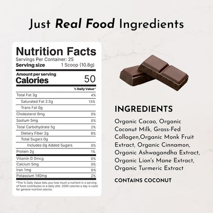 JUST INGREDIENTS Superfood Hot Chocolate Powder - Collagen, Cacao, Ashwagandha, Turmeric, 25 Servings