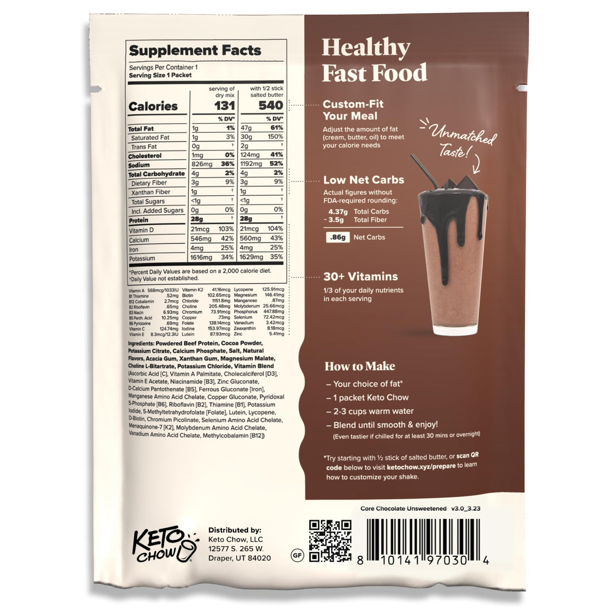 Keto Chow Chocolate CORE with Stevia Meal Replacement Shake Powder, 1 Meal