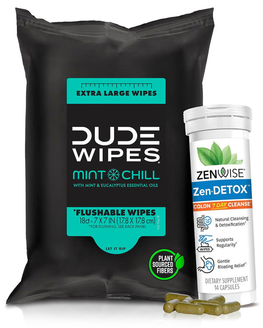 Dude Wipes & ZenDetox Bundle - 18 Flushable Wipes and 14 Colon Cleanse Pills with Probiotics and Herbal Blend for Regularity and Digestive & Gut Health