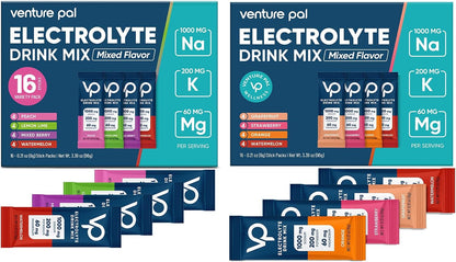 Venture Pal High Sodium Sugar-Free Electrolyte Powder Combo Pack – Hydration Drink Mix with Sodium, Potassium & Magnesium | Keto, Vegan & Paleo Friendly | Zero Calories | 32 Sticks Total