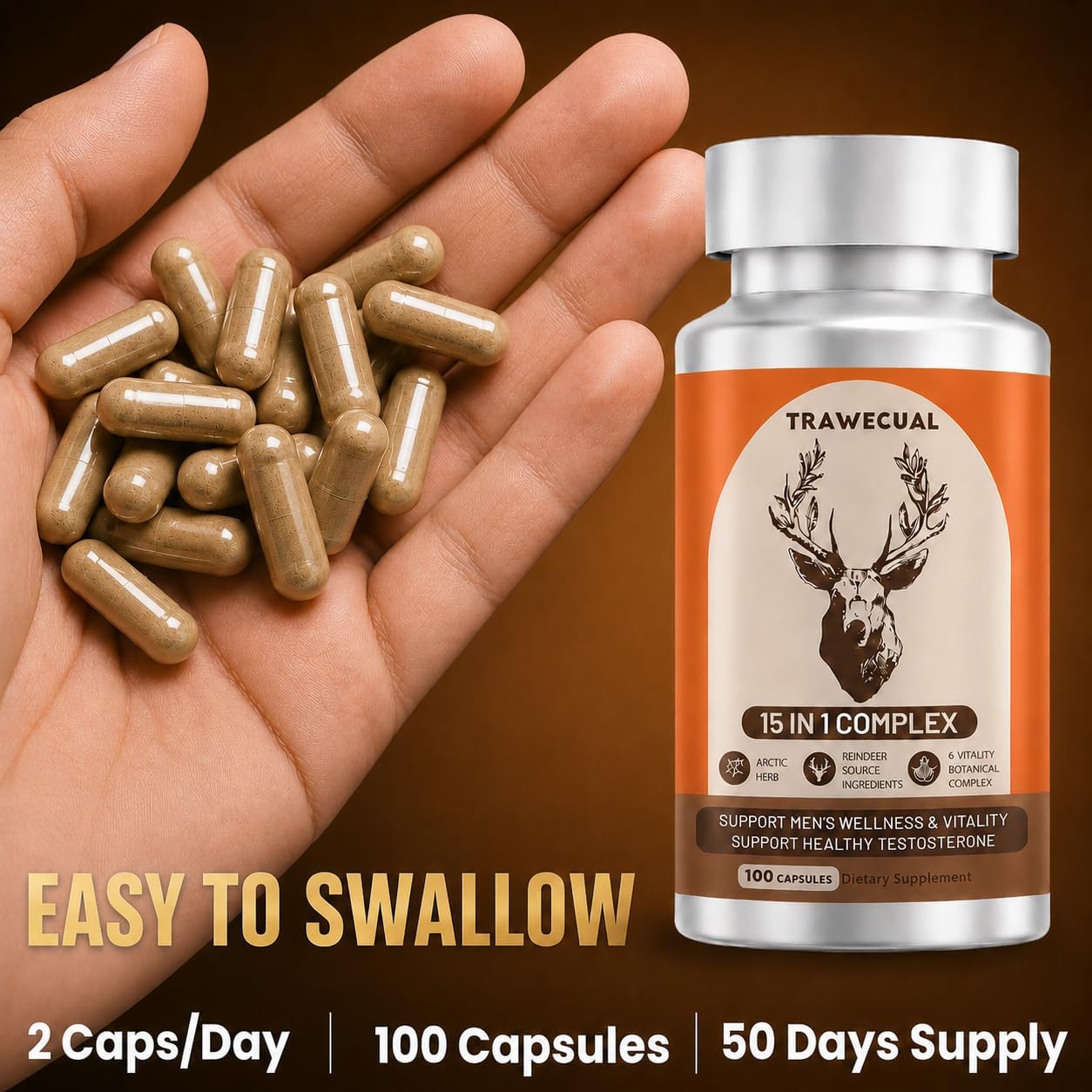 15-in-1 Reindeer Organ Supplement with Arctic Herb for Men, 100 Capsules | 500mg Reindeer Organ Complex with Rhodiola, Nettle, Tongkat Ali, Supports Energy, Stamina & Overall Wellness, 50 Day Supply