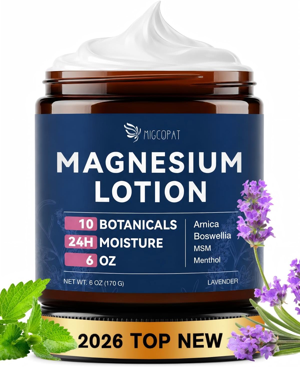 Migcopat Magnesium Lotion with Arnica, MSM & Hyaluronic Acid, Jojoba Oil, Magnesium Cream for Sleep, Leg Cramps, Muscles, Joints & Feet, Suitable for Kids and Adults, Lightweight, Lavender Scent, 6 oz