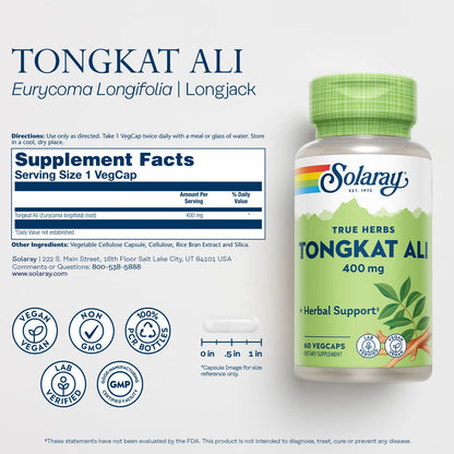 SOLARAY Tongkat Ali 400 mg - Longjack Tongkat Ali for Men - Herbal Support for Men's Health and Vitality - Vegan, Non-GMO, Lab Verified - 180 Servings, 180 VegCaps