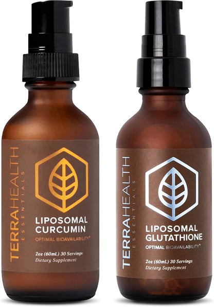 Terra Health Essentials Liposomal Glutathione & Curcumin Bundle - Antioxidant Immune, Skin & Mobility Support - Maximum Absorption & Great Tasting - Non-GMO, Vegan - 2oz Each, 30 Day Supply