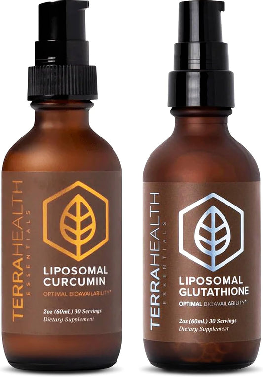 Terra Health Essentials Liposomal Glutathione & Curcumin Bundle - Antioxidant Immune, Skin & Mobility Support - Maximum Absorption & Great Tasting - Non-GMO, Vegan - 2oz Each, 30 Day Supply