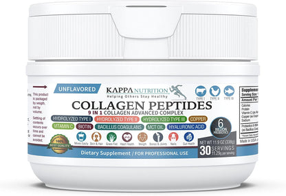 KAPPA NUTRITION Collagen Type I, II, III, 6 Billion Probiotic Acid Resistance, Hyaluronic Acid, Vitamin C, Biotin, Copper and MCT Oil, Beautiful Hair, Nails, & Skin, Collagen Peptides 9 in 1 (11.9oz)