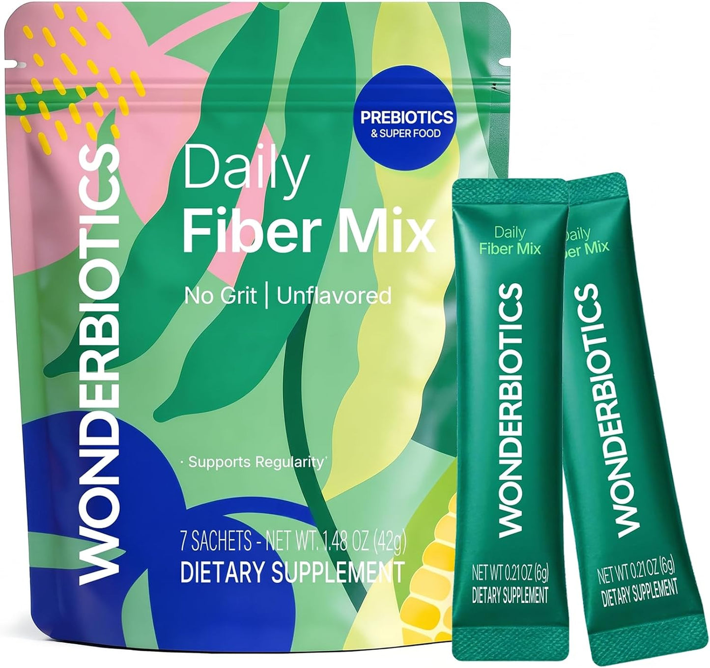 Daily Fiber Supplement Powder Packets - 5 Prebiotics & Superfood Blend for Digestion & Cravings Control, Psyllium Husk PHGG Drink Mix Stick Packs for Women & Men, Sugar Free, 7 Sachets