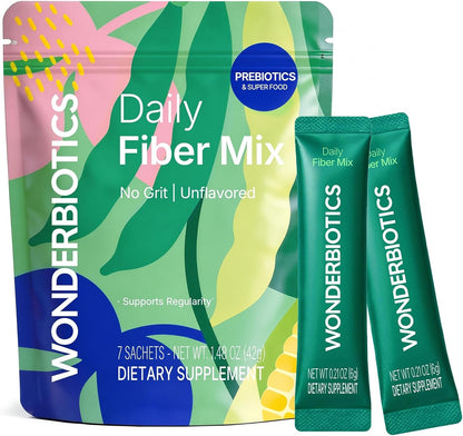 Daily Fiber Supplement Powder Packets - 5 Prebiotics & Superfood Blend for Digestion & Cravings Control, Psyllium Husk PHGG Drink Mix Stick Packs for Women & Men, Sugar Free, 7 Sachets