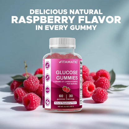 Vitamatic Glucose chewable Gummies - 60 Count - Natural Raspberry Flavor - 4G of Carbohydrate per Serving (1 Bottle) | 4 g Carbohydrates per Serving, Pectin-Based, Gluten Free, Non GMO