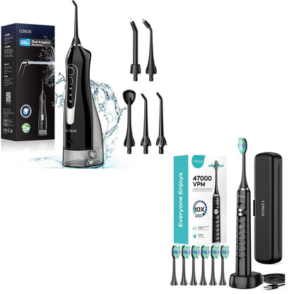 COSLUS Water Dental Flosser Teeth Pick: Portable Cordless Oral Irrigator 300ML Rechargeable and Electric Toothbrush for Adults and Kids Wireless Rechargeable Tooth Brush
