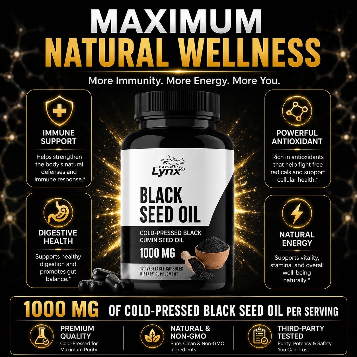 Leaping Lynx Black Seed Oil 1000mg – Cold-Pressed Nigella Sativa Softgels for Immune, Heart, Joint & Skin Health | 120 Softgels (60-Day Supply) | Non-GMO, Cold Pressed Black Cumin Seed Oil