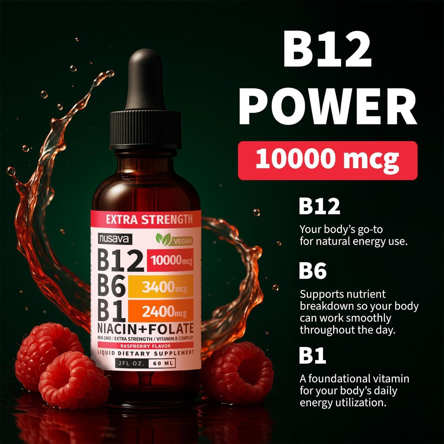 NUSAVA (2 Pack) Extra Strength Liquid Vitamin B12 Sublingual Vitamin B Complex (Raspberry) - (2-Pack) Vitamin D3 K2 Drops, B12 5000 mcg Sublingual, D3 5000 IU with MCT Oil and Omega 3 (Strawberry)