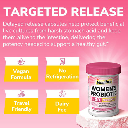 Vitalibre Probiotics for Women 100 Billion CFU 15 Strains, Daily Probiotic | 30 Vegan Capsules, Prebiotic Supplement with Organic Cranberry to Support Vaginal, Digestive, Immune Health, Shelf Stable