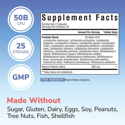 Vitalibre Probiotic for Women and Men, 50 Billion CFU, 25 Diverse Strains Plus Prebiotics, for Digestive Health & Immune Support, Delayed Release, No Refrigeration Needed, 60 Veggie Capsules
