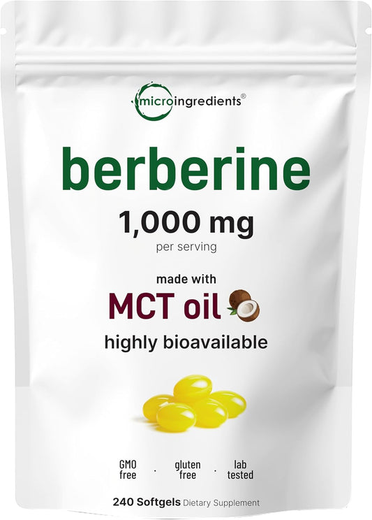 Micro Ingredients Berberine 1000mg with MCT Oil, 240 Softgels | Berberine HCl Supplement | Sourced from Berberis Aristata | Non-GMO, Gluten Free, No Soy