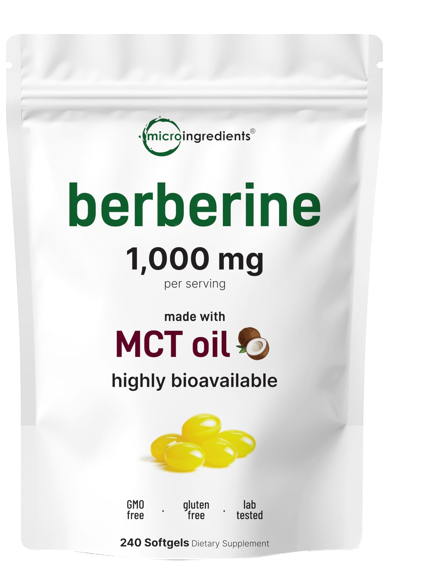Micro Ingredients Berberine 1000mg with MCT Oil, 240 Softgels | Berberine HCl Supplement | Sourced from Berberis Aristata | Non-GMO, Gluten Free, No Soy