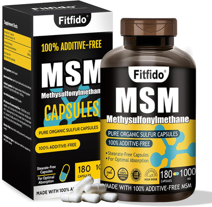 MSM Capsules 1000mg, 99.9% Pure Organic Sulfur, 180 Count | Joint Support, Hair Skin & Nails, Stearate-Free, No Fillers, Daily Wellness, Third-Party Tested, Non-GMO, Gluten Free