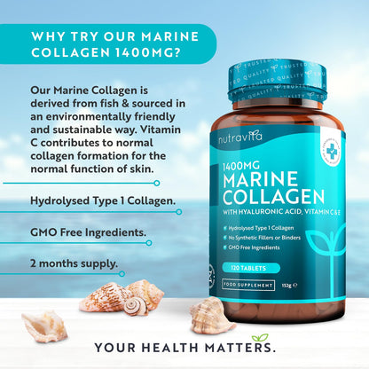 Marine Collagen Tablets 1400mg Enhanced with Hyaluronic Acid - Hydrolysed Supplements for Women and Men