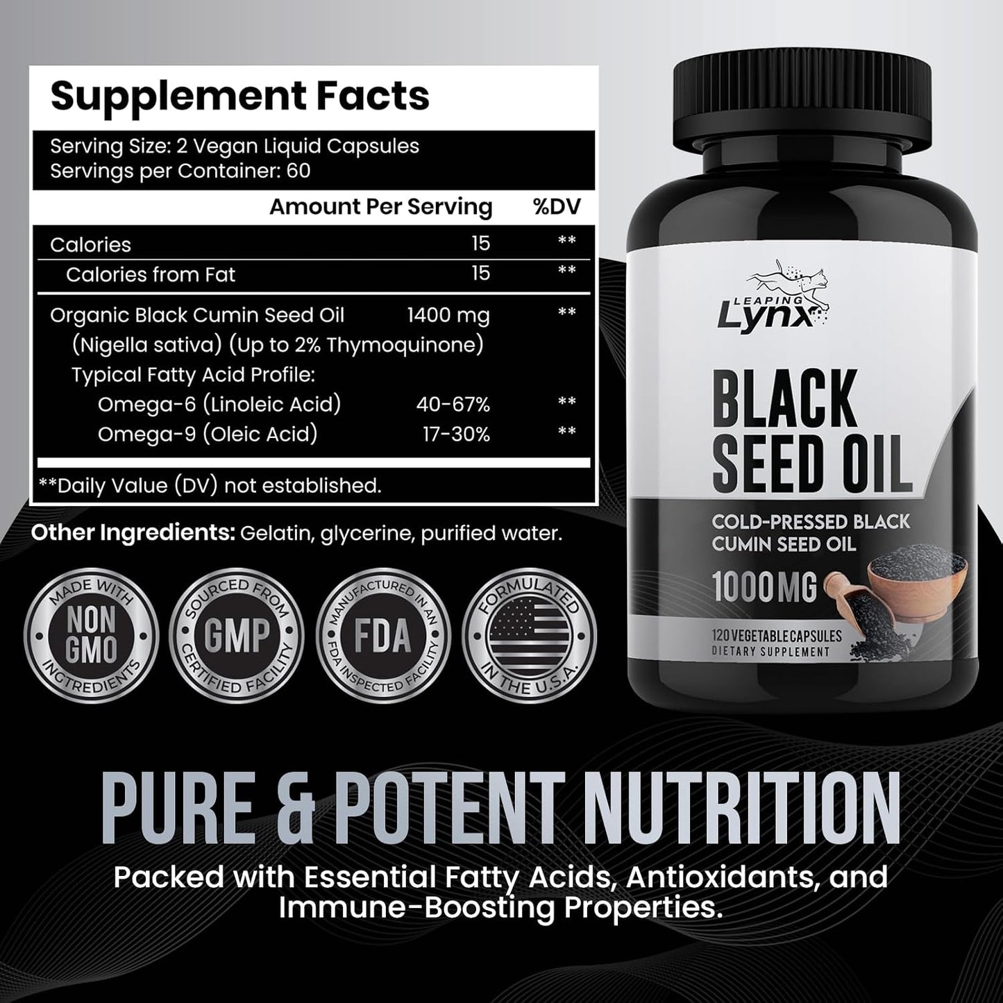 Leaping Lynx Black Seed Oil 1000mg – Cold-Pressed Nigella Sativa Softgels for Immune, Heart, Joint & Skin Health | 120 Softgels (60-Day Supply) | Non-GMO, Cold Pressed Black Cumin Seed Oil