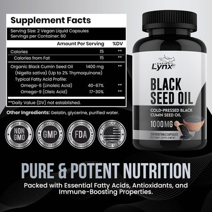 Leaping Lynx Black Seed Oil 1000mg – Cold-Pressed Nigella Sativa Softgels for Immune, Heart, Joint & Skin Health | 120 Softgels (60-Day Supply) | Non-GMO, Cold Pressed Black Cumin Seed Oil