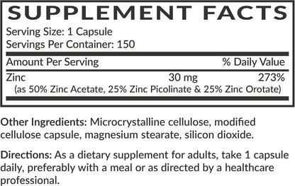 Futurebiotics Zinc Triple Action 30mg Key Nutrient Blend Immune Support Supplement with Zinc Acetate, Picolinate & Orotate - Immune, Antioxidant & Skin Health Support - 150 Vegetarian Capsules