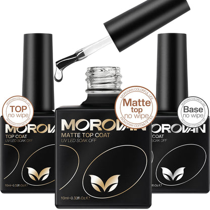 Morovan Gel Base Top Coat: 3PCS No Wipe Gel Shine Matte Top and Base Coat Set 