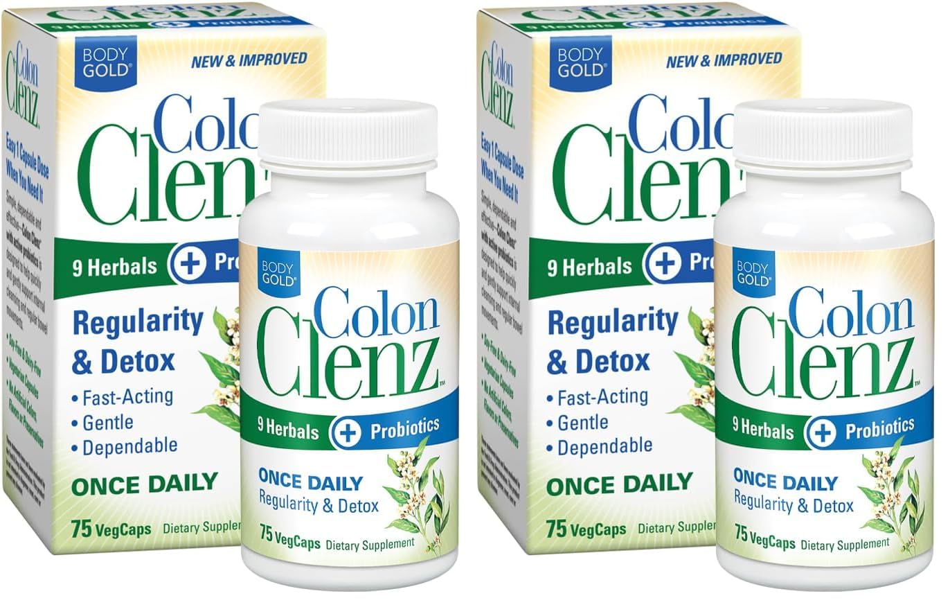 Body Gold Colon Clenz & Detox Overnight Formula | Once Daily with 9 Herbs + Active Probiotics | Constipation Relief for Adults | Bloating Relief for Women & Men | 75 Capsules