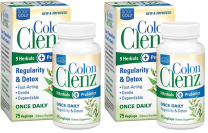 Body Gold Colon Clenz & Detox Overnight Formula | Once Daily with 9 Herbs + Active Probiotics | Constipation Relief for Adults | Bloating Relief for Women & Men | 75 Capsules