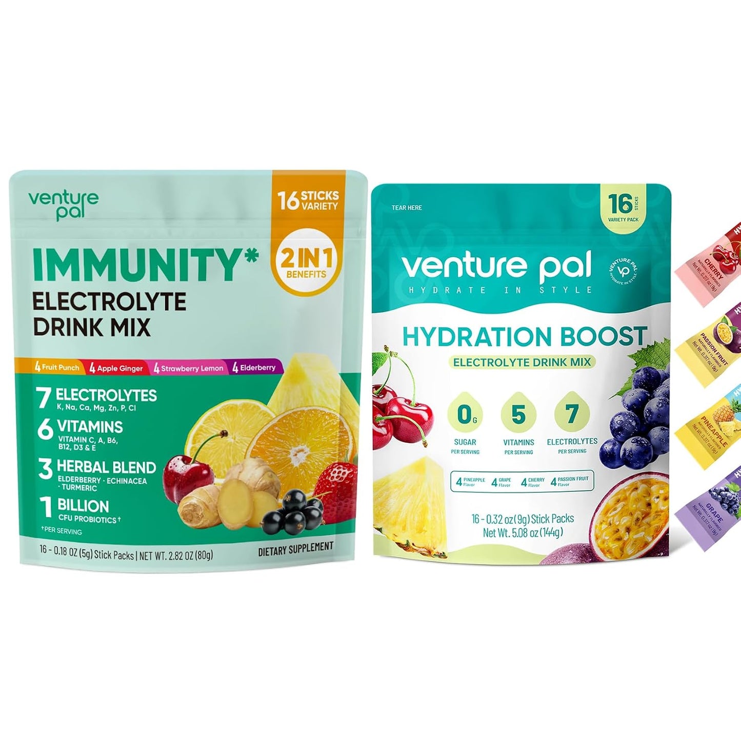 Venture Pal Sugar Free Electrolyte Powder Packets & 2-in-1 Hydration + Immune Electrolytes Powder Packets