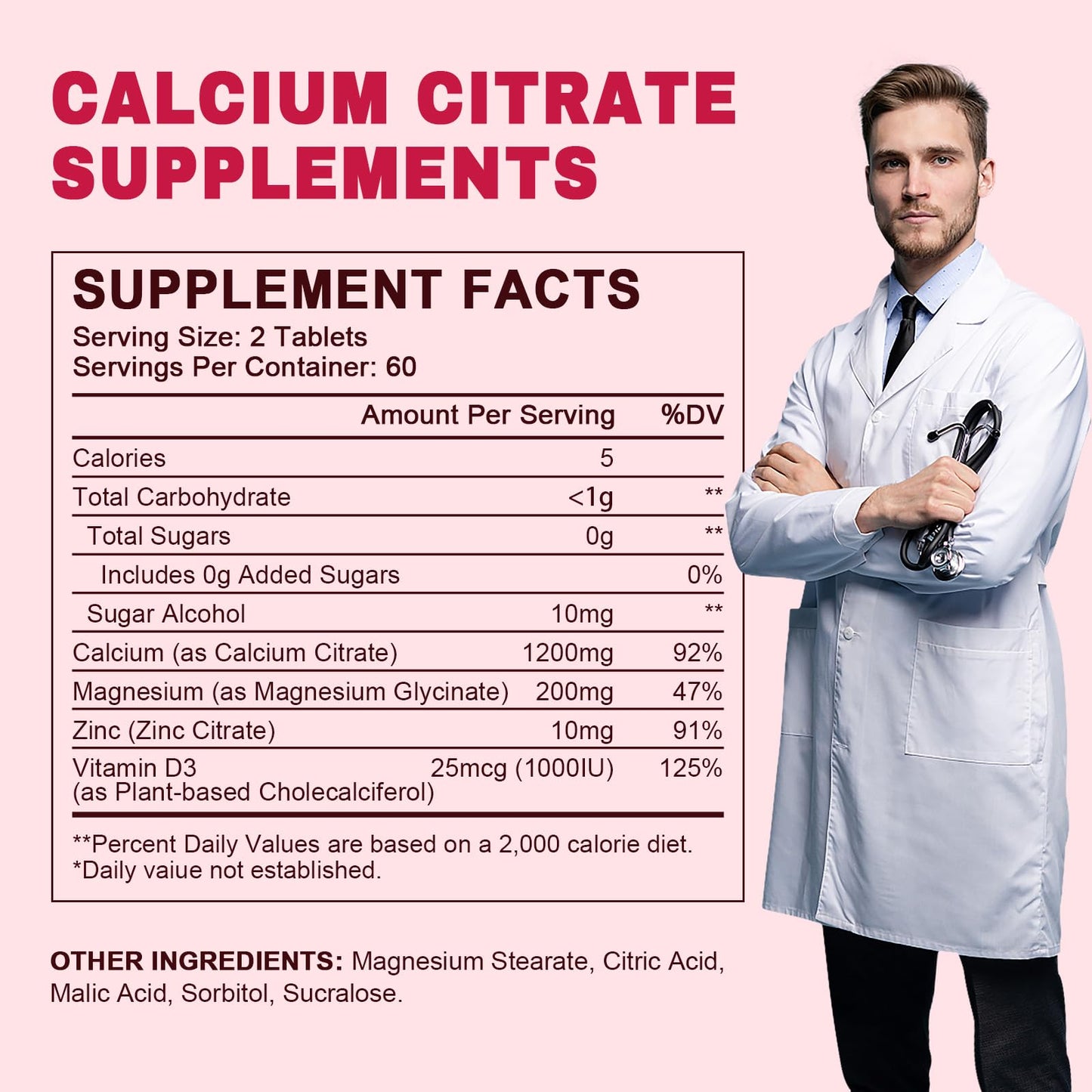 Calcium Citrate 1200 mg with Vitamin D3 Supplement for Women & Men, Calcium Magnesium Zinc D3 for Bone Muscle & Teeth Health - 120 Count - 60 Day Vegan Supply