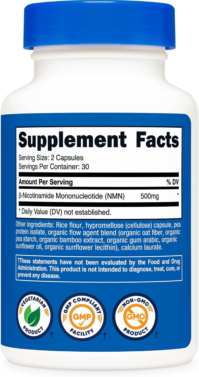Nutricost NMN (Nicotinamide Mononucleotide) 500mg, 60 Capsules | Vegetarian Friendly, 30 Servings, Gluten Free, GMO Free