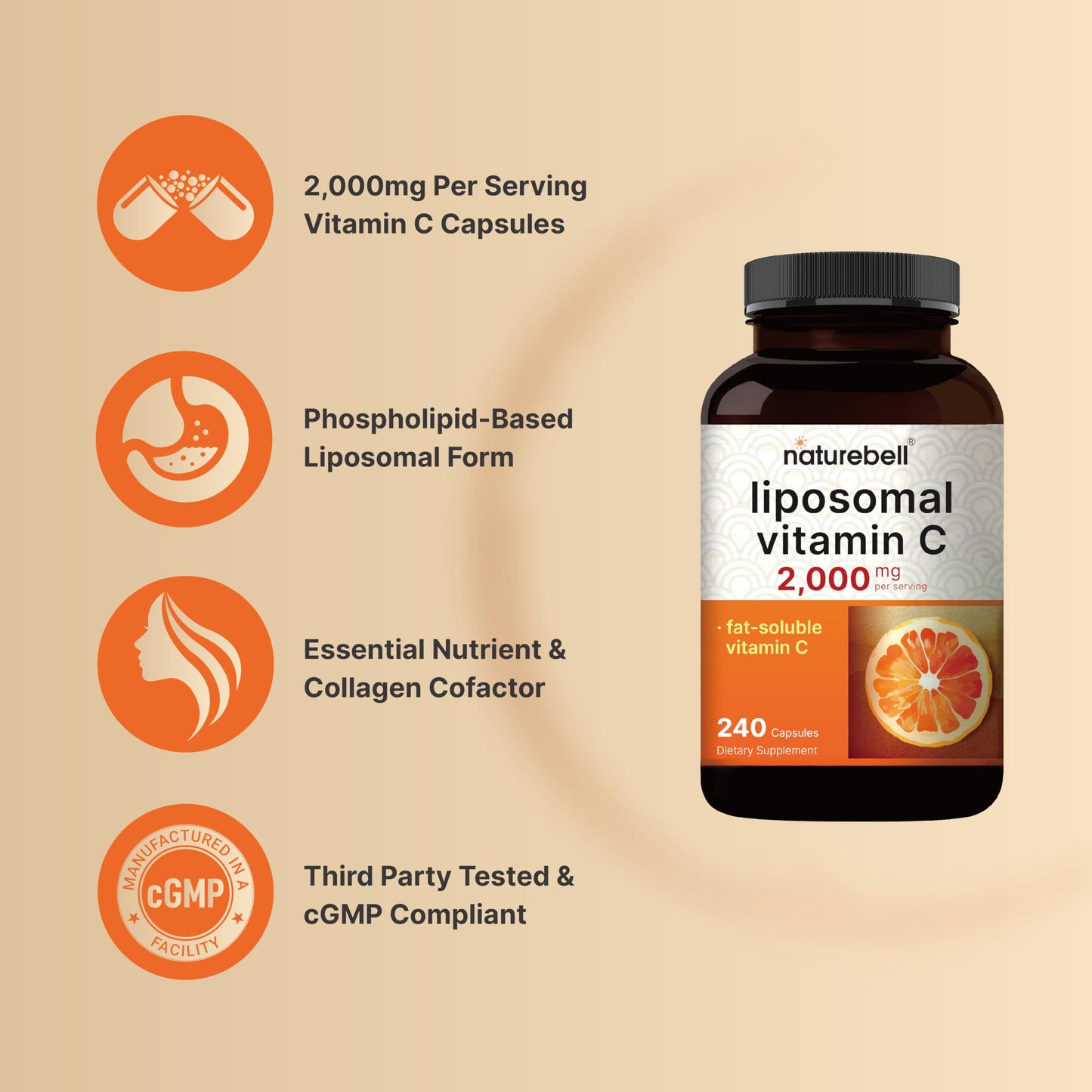 NatureBell Liposomal Vitamin C 2,000mg Per Serving, 240 Capsules | Fat-Soluble Vitamin C – Daily Vitamin Supplement for Men & Women – Non-GMO, Gluten Free
