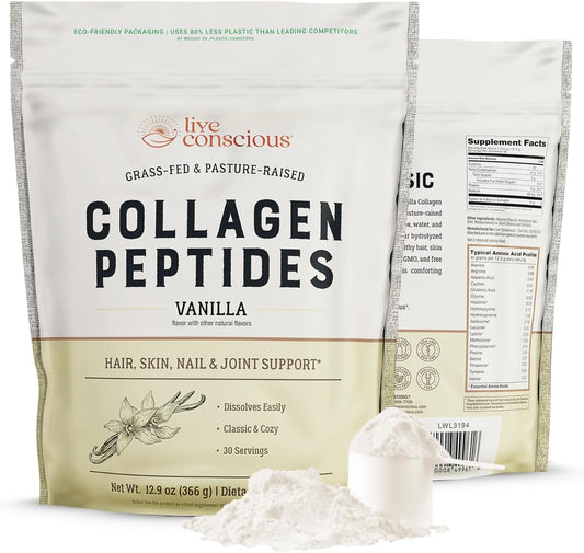 Live Conscious Collagen Peptides Powder - Vanilla Flavored Collagen Powder - Hair, Skin, Nail, & Joint Support - Type I & III Grass-Fed Collagen Supplements for Women and Men - 30 Servings - 13oz