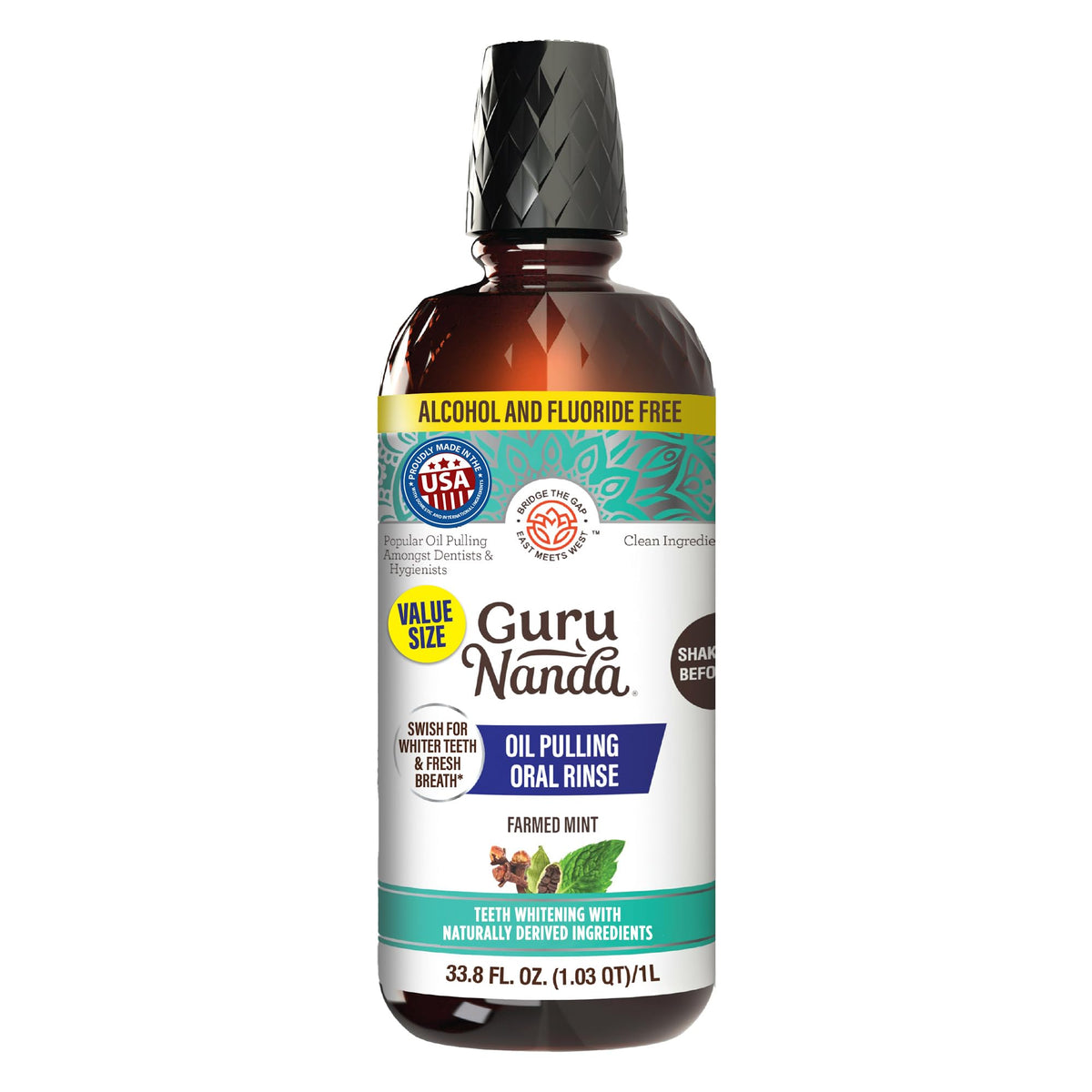 GuruNanda Coconut Oil Pulling Mouthwash with Vitamins, Farmed Mint, 16 oz