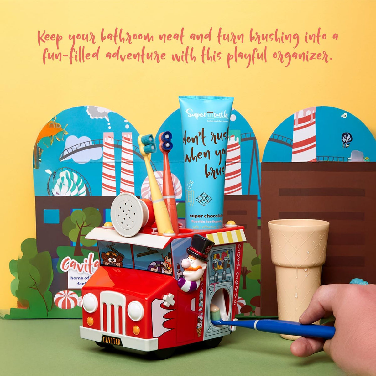 SuperMouth Kids Oral Care Bundle – Ice Cream Truck Organizer with Toothpaste Dispenser, Music & Lights + Fluoride Toothpaste with Nano Hydroxyapatite, Safe & Fun for Kids, Vanilla